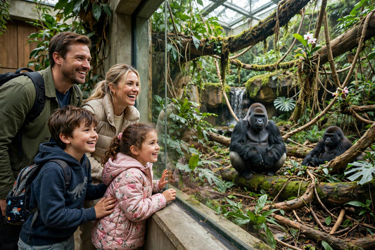 Family with kids watching gorillas at a zoo rainforest exhibit