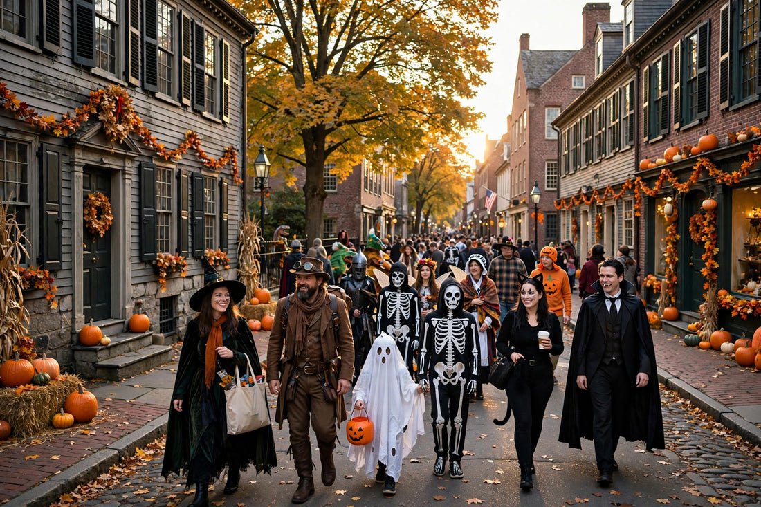 Halloween crowd in costumes on a historic Salem Massachusetts street in autumn