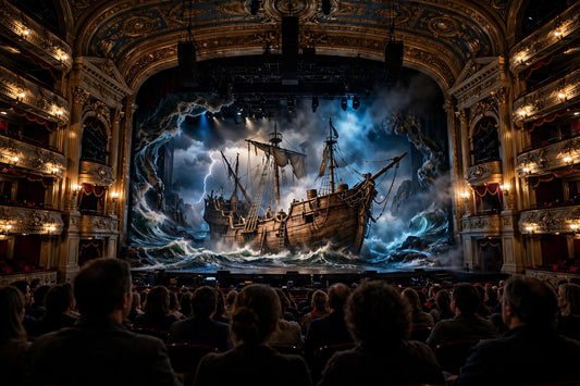 Grand theatre stage during a spectacular biblical production with a giant ship