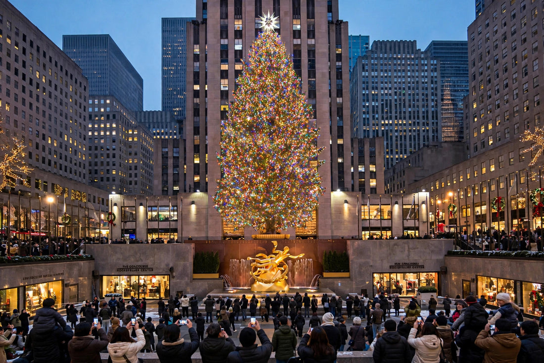 Rockefeller Center Christmas tree in New York City at dusk with holiday crowds